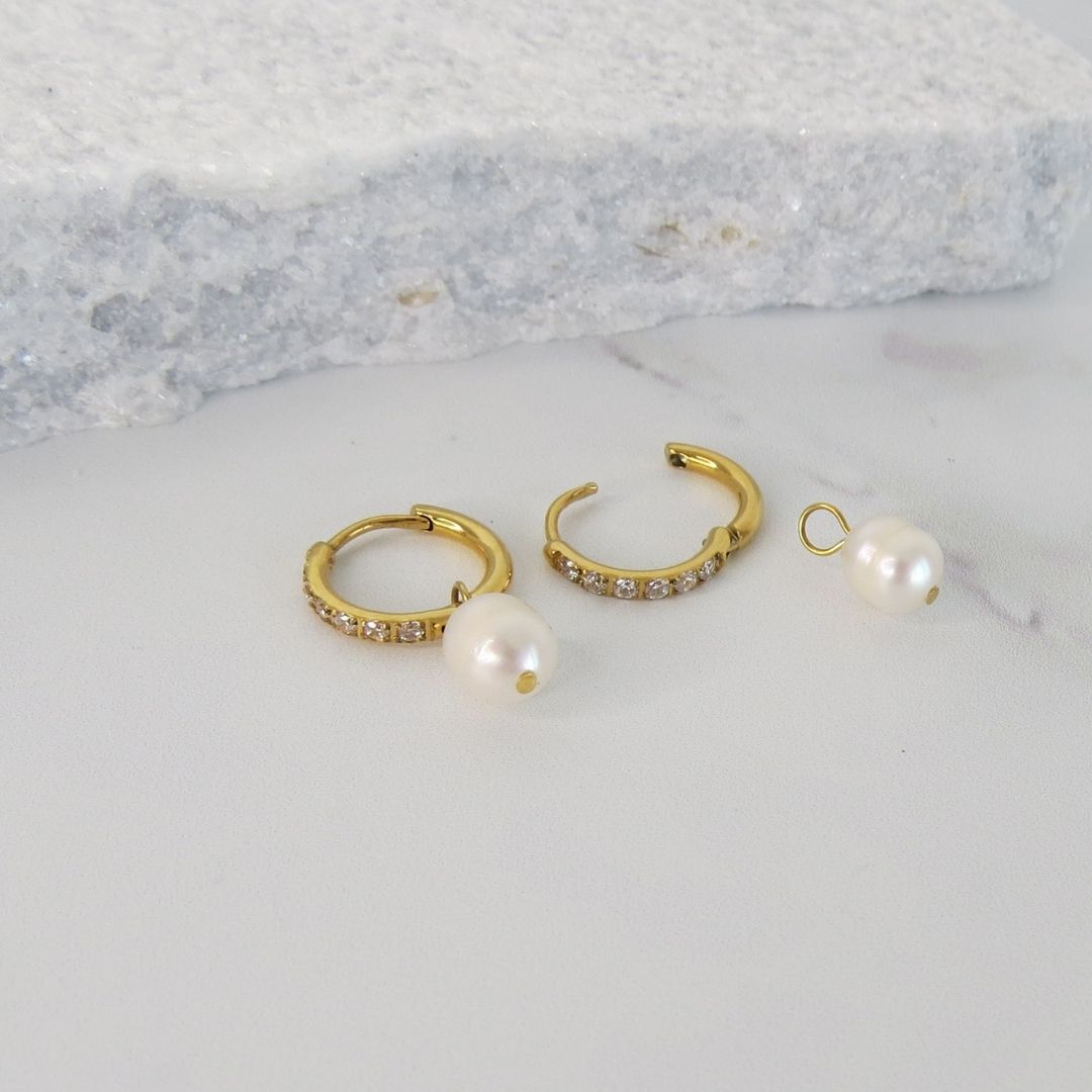 Pearl & Zircon Huggie Earrings