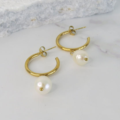 Pearl Drop Hoop Earrings
