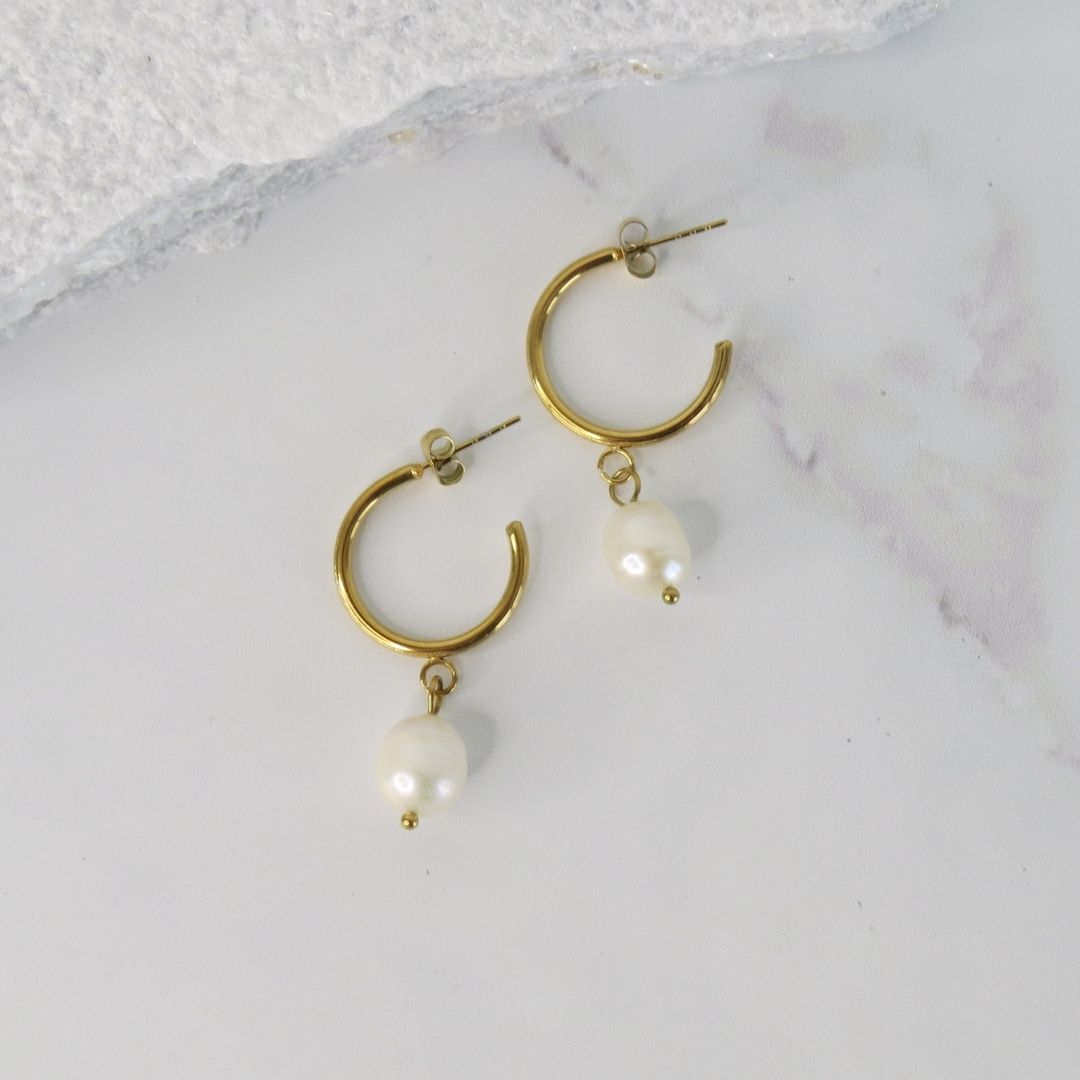 Pearl Drop Hoop Earrings