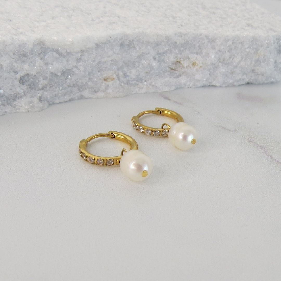 Pearl & Zircon Huggie Earrings