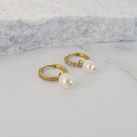 Pearl & Zircon Huggie Earrings