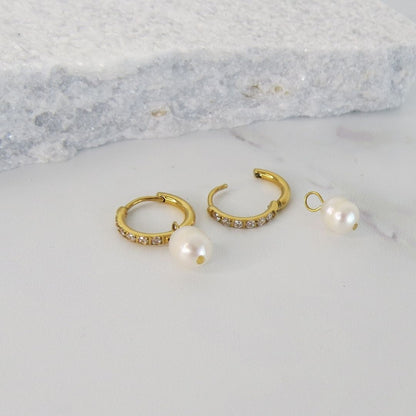 Pearl & Zircon Huggie Earrings