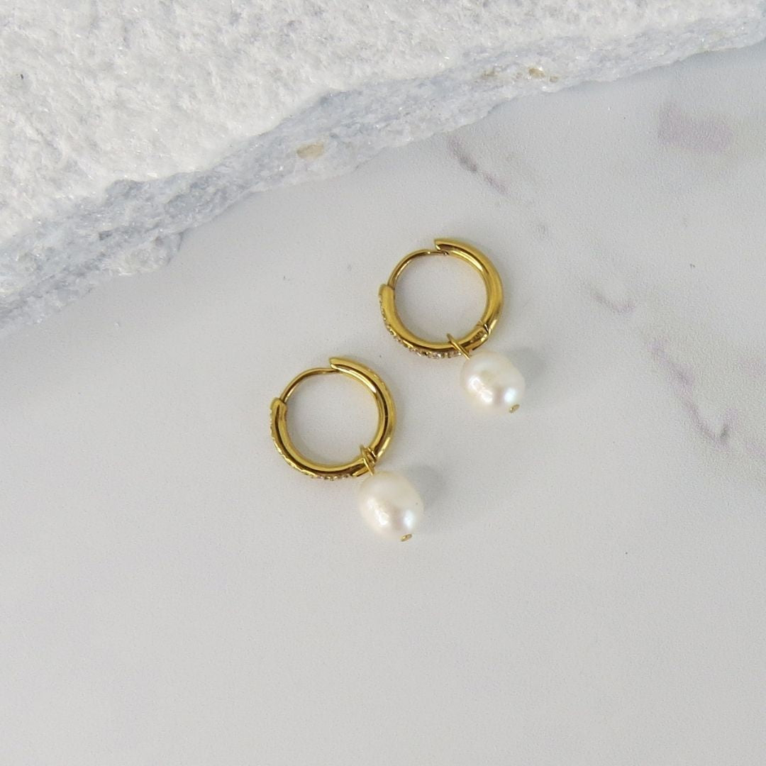 Pearl & Zircon Huggie Earrings